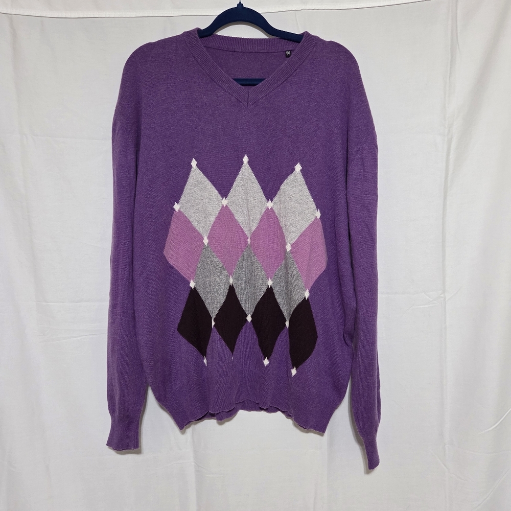 Cashmere Silk Blend Purple Argyle V-Neck Sweater